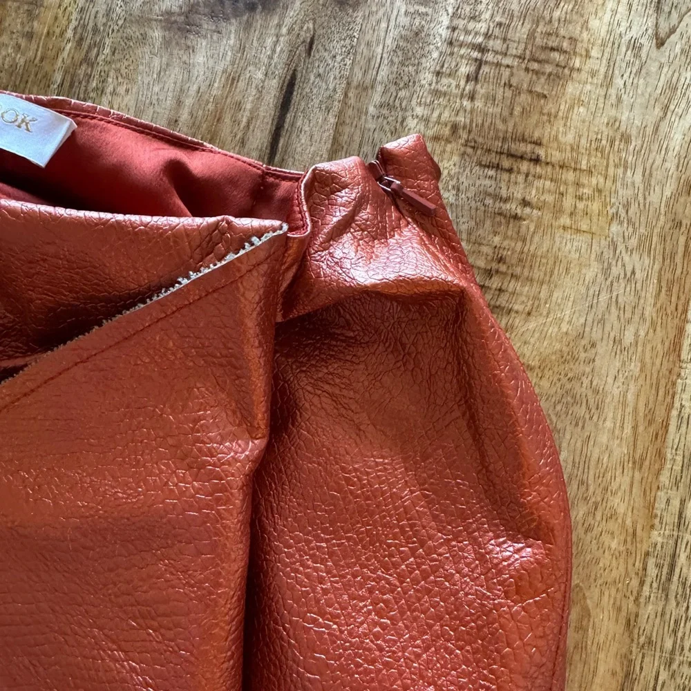 Ramy Brook Asymmetrical ruffle midi bronze orange Copper faux leather Skirt NWT